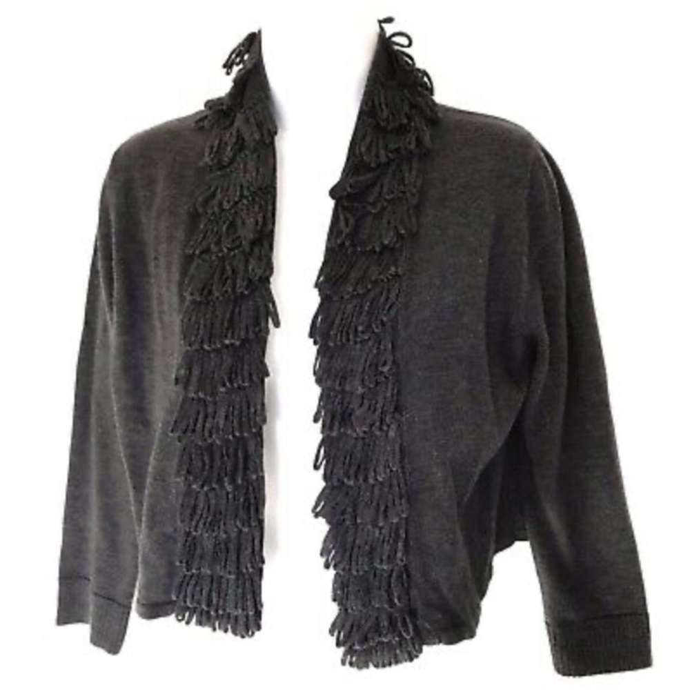 Calvin Klein Cardigan Sweater Womens Small Loop Fringe Open Front Charcoal Grey